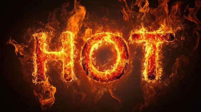 Fiery Hot: The word "HOT" blazes in intense, fiery letters, set against a backdrop of swirling flames.  The image evokes heat, passion, and intensity.