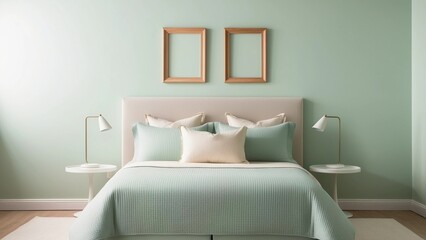 Modern Mint Green Bedroom with Beige Pillows and Wooden Frames
