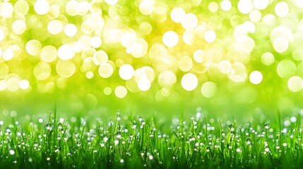 Obraz premium Dew drops on green grass with blurred bokeh background.
