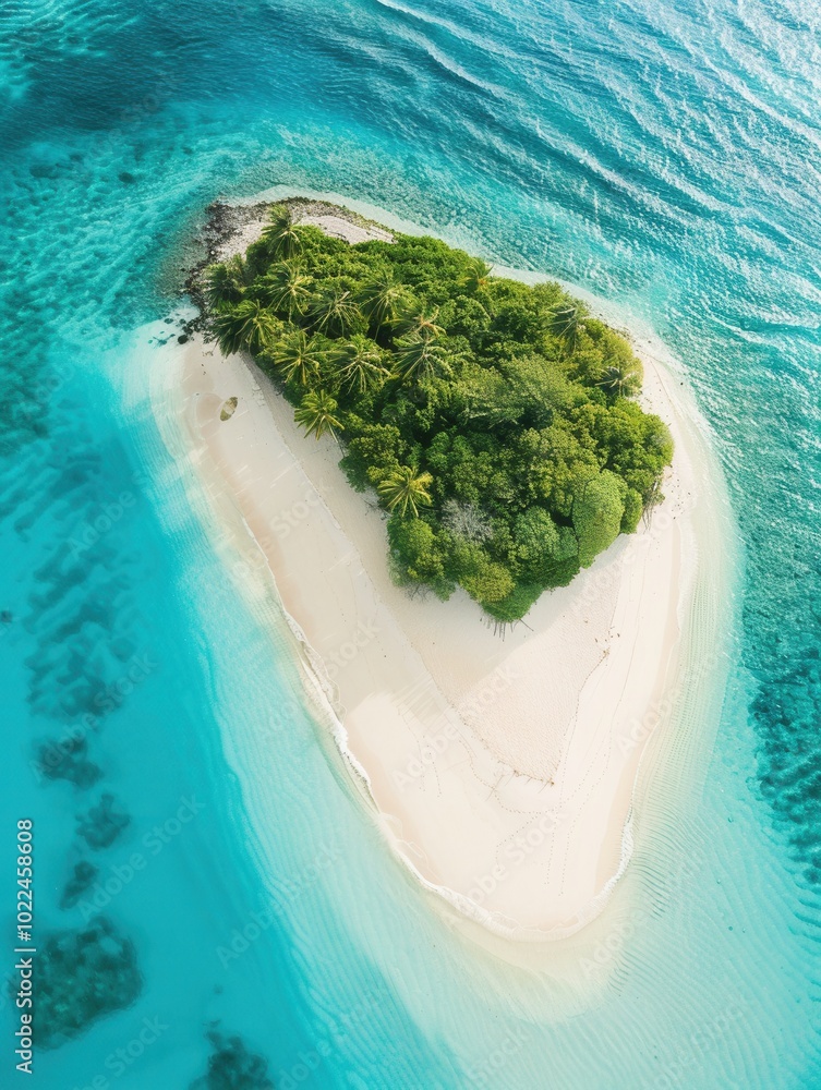 Poster this location features a serene island with pristine white sands, gently lapped by clear turquoise w