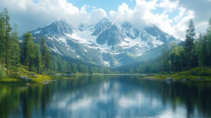 Scenic mountain landscape with a serene lake and lush greenery.