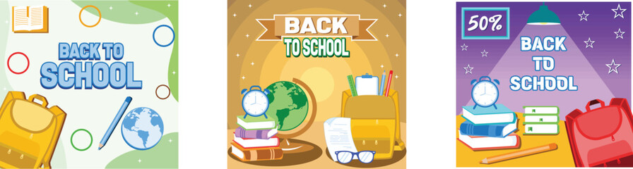 Back to school. Greeting text with backpack school bag and educational elements. Stack of books with alarm clock. Back to school with school supplies. Set flat vector modern illustration