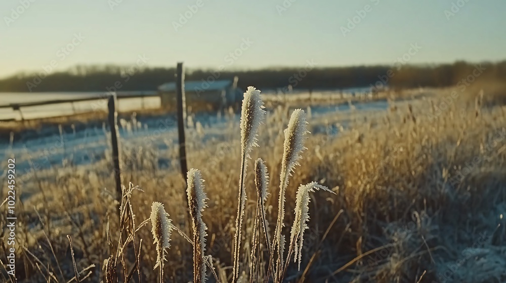 Poster frost-covered grass in a field with a fence and a building in the background.