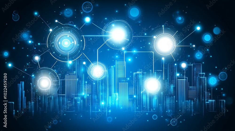 Poster futuristic cityscape with glowing connected nodes and lines, representing a network or technology.
