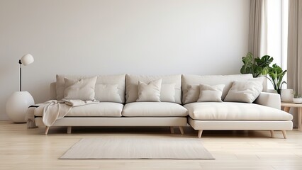  Modern Scandinavian interior featuring a white sofa on light wooden parquet, emphasizing minimalist decor and 