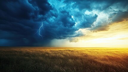 Stormy Sunset Over a Field of Tall Grass with Lightning Strike