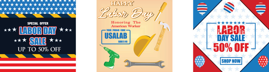 Happy Labor Day. Elegant Labor Day Voucher Design. Sales promotion advertising banner template for US Labor Day Brochure. Set flat vector modern illustration