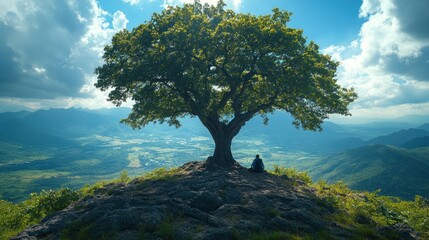 Obraz premium A serene landscape featuring a solitary tree atop a mountain.