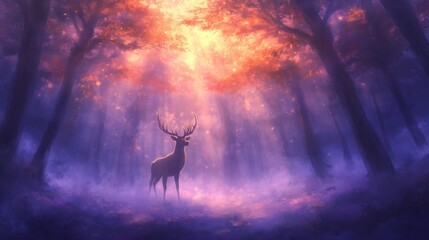 Stag in foggy mystical forest, light beams, vibrant purple-orange sky, fairytale setting full of wonder.