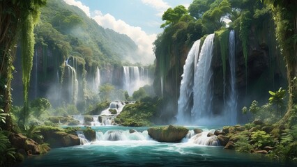 Fototapeta premium A cascading waterfall surrounded by a vibrant green jungle, with vines hanging from the trees and mist rising from the flowing
