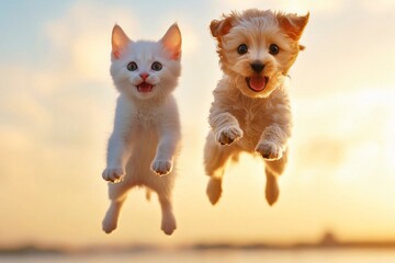 Obraz premium Playful Puppy and Kitten Leaping on a Tropical Beach at Sunset