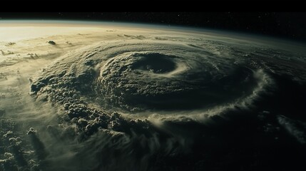 Massive tornado spiraling over earth, showcasing nature's power. View from satellite.