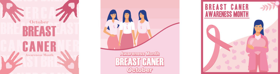 Breast Cancer Awareness Month card. Three Women with pink ribbon. Breast Cancer Awareness Month Social Media Post. Set flat vector modern illustration