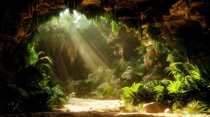 A serene cave illuminated by sunlight, surrounded by lush greenery and tropical plants.