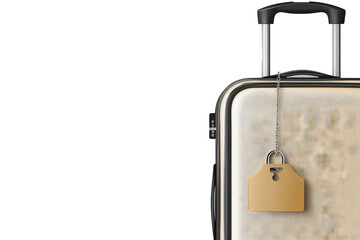 Modern rolling suitcase with attached luggage tag