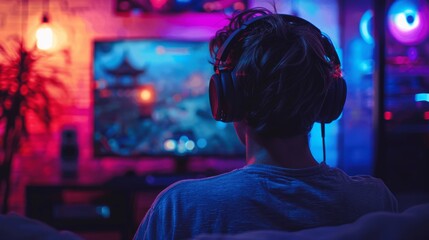 Fototapeta premium a handsome male gamer playing on pc gaming computer with headphones and gaming setup in bedroom at night with rgb neon lights game posters wide angle shot