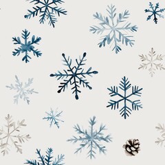Fototapeta premium Watercolor snowflakes and pinecones on a textured background.