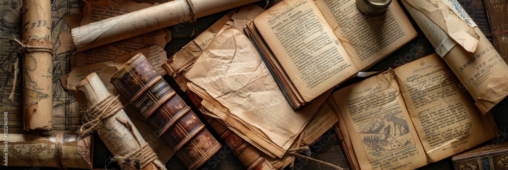 Aufkleber A collection of ancient books, scrolls, and artifacts lies scattered on a rustic table, revealing the rich history captured within. Generative AI