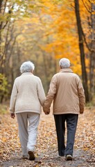 Fototapeta premium Elderly couple walking hand in hand along a scenic autumn trail filled with colorful leaves.