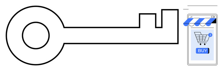 Large key pointing towards smartphone with storefront and shopping cart indicates access to online shopping. Ideal for e-commerce, online security, mobile apps, convenience, technology. Modern