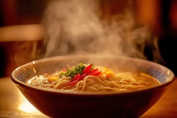 Steaming Bowl of Ramen with Vegetables