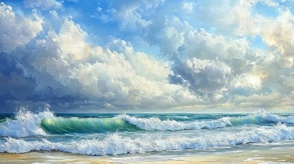 Fototapeta premium A Seascape of Blue Skies and Crashing Waves