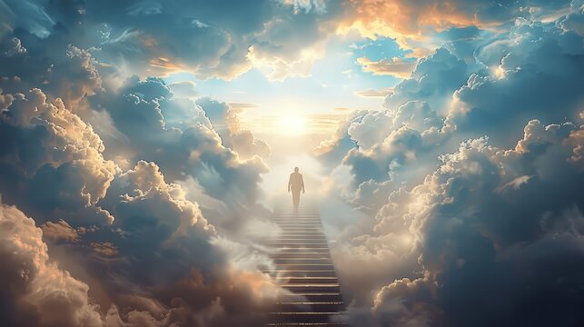 Man Ascend Stairway to Heaven in Clouds Towards Light and Godlike Figure in Peaceful Sky