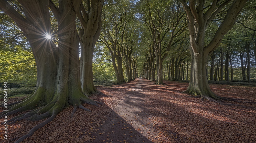 Poster sunbeams illuminate a path through a forest of tall trees with fallen leaves.