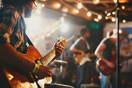 Lively band performance energizes festival goers with music and dancing at outdoor venue