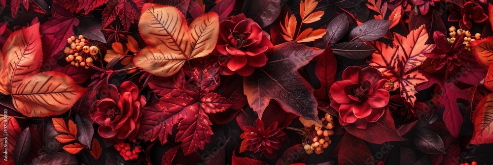 Poster A captivating assortment of autumn leaves and flowers in warm tones fills the frame, showcasing the beauty of the fall season. Generative AI