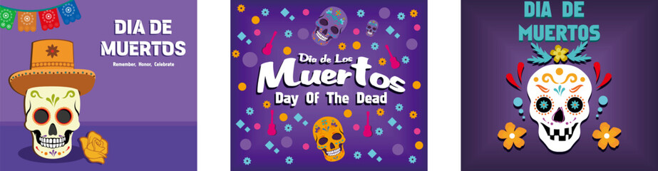Day of the Dead Banner. Inscription Day of the Dead in Spanish. Dia de los muertos poster. Set flat vector modern illustration