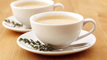 Obraz premium Two white cups of herbal tea with a sprig of thyme on a white saucer.