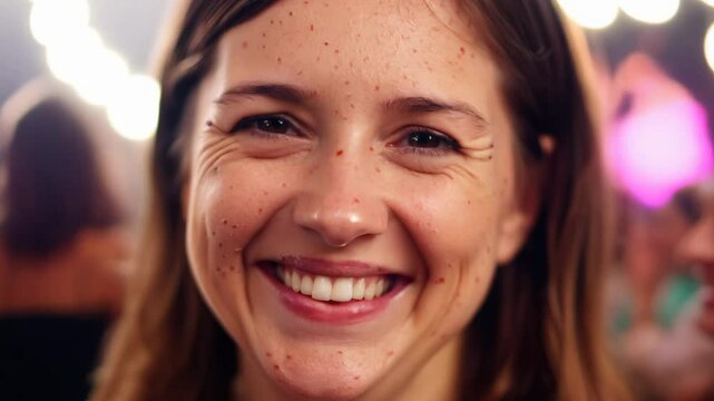 Close-up of a young woman with freckles, experiencing embarrassment turning into laughter in soft, diffused light.