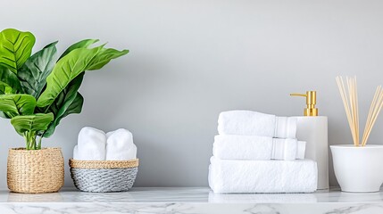 White towels, a plant, a soap dispenser, and a diffuser on a marble counter.