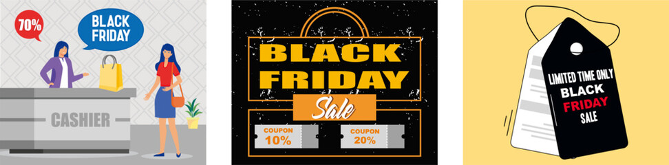 Black Friday Sales Event. Black Friday Sale Event Template. Tag Black Friday sales for Exclusive Deals. Set flat vector modern illustration