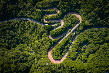 Aerial view of a winding mountain road in Fuji-Hakone Izu National Park, Japan