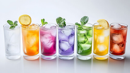 Fototapeta premium Row of diverse-colored glasses brimming with unique drinks 
