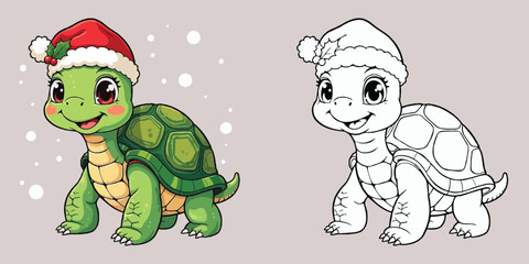 Cute Turtle Christmas Cartoon Coloring Page For Kids