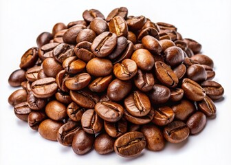Naklejka premium Small Pile of Roasted Coffee Beans Isolated on White Background for Coffee Lovers and Enthusiasts
