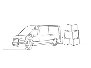 Continuous one line drawing of cargo van with cardboard boxes. Simple van truck line art vector illustration. Editable vector.