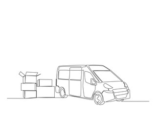 Continuous one line drawing of cargo van with cardboard boxes. Simple van truck line art vector illustration. Editable vector. © Line addict