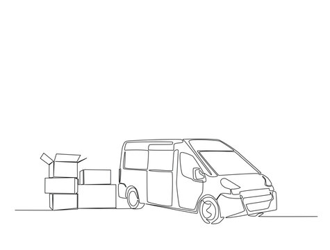 Continuous one line drawing of cargo van with cardboard boxes. Simple van truck line art vector illustration. Editable vector.
