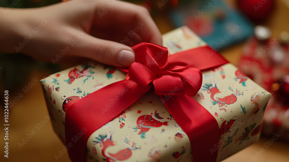 Wall mural Close-up of hands carefully wrapping a Christmas gift with red ribbon and festive holiday wrapping paper