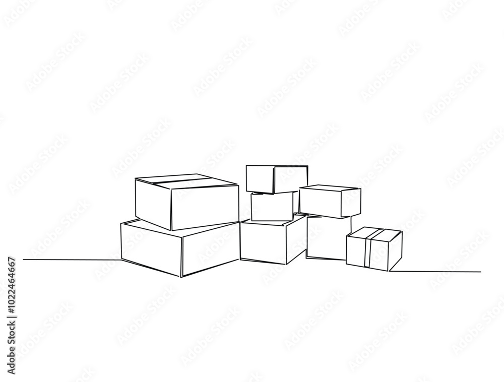 Poster continuous one line drawing of cardboard boxes. simple stack of cardboard boxes line art vector illu