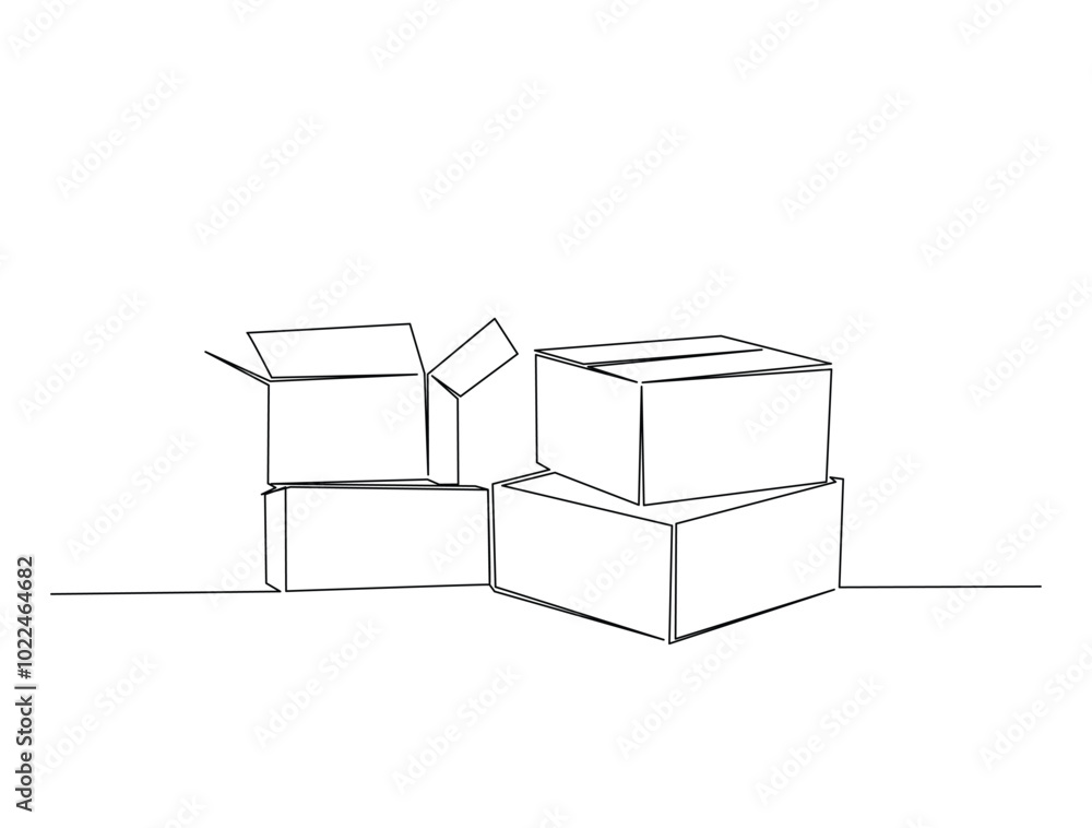 Poster continuous one line drawing of cardboard boxes. simple stack of cardboard boxes line art vector illu