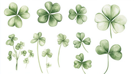 Hand-drawn clover leaf illustrations on a white background