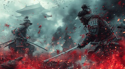 samurai duel battle in rainy day with swords epic fight scene asian culture concept art painting desktop wallpaper