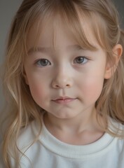 Naklejka premium models : minjoo - Innocent Blue-Eyed Blonde Toddler Girl with Soft Expression in White Top, Close-up Portrait