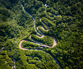 Aerial view of a winding mountain road in Fuji-Hakone Izu National Park, Japan
