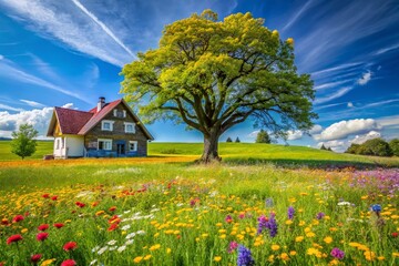 Obraz premium Springtime Meadow with House and Tree in America - High Dynamic Range Photography